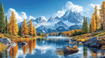 Majestic mountain landscape with autumn foliage reflecting in a serene lake under a clear sky