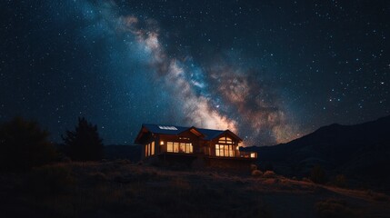 Fototapeta premium Mountain house, Milky Way, night sky, stars, calm