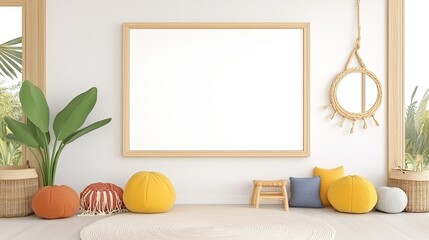 Cozy interior with blank frame on wall, colorful cushions, and plants in a bright room