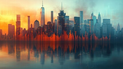 Fototapeta premium Vibrant cityscape skyline at sunrise reflected in water.