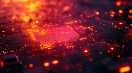 Glowing CPU, circuit board, technology, red light, background blur, data processing, tech concept