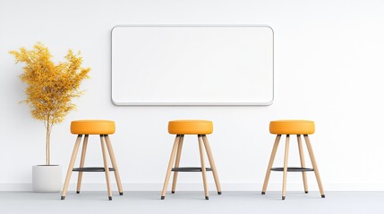 Modern minimalist interior featuring three yellow stools, a blank wall, and a potted plant