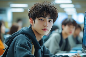 Young student focused on computer work in a modern classroom with peers engaged in study