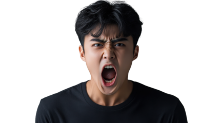 Young man shouting with transparent background: expressing anger and frustration