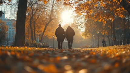 Couple autumn park stroll sunset city background romance