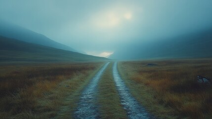 Misty mountain road, sunlit valley, autumnal landscape, travel poster