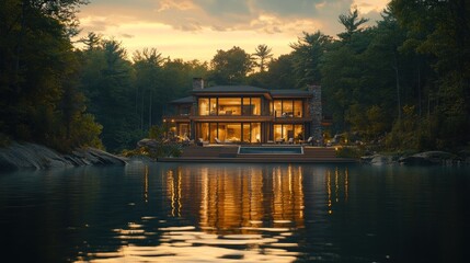 Obraz premium Lakeside luxury home twilight view, tranquil forest backdrop, real estate