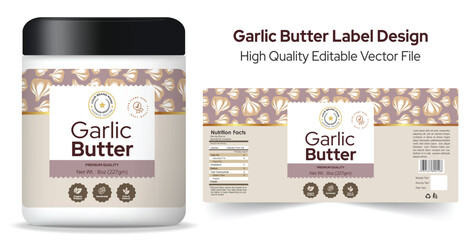 Garlic Butter Label Design, Salted butter dairy product label template design, Editable product label with mockup, packaging design layout, premium garlic butter label with icon graphic and pattern