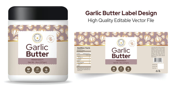 Garlic Butter Label Design, Salted butter dairy product label template design, Editable product label with mockup, packaging design layout, premium garlic butter label with icon graphic and pattern