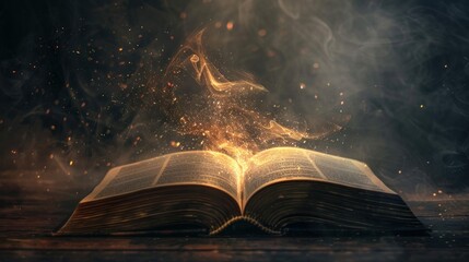 A book is open to a page with a glowing light and smoke coming out of it