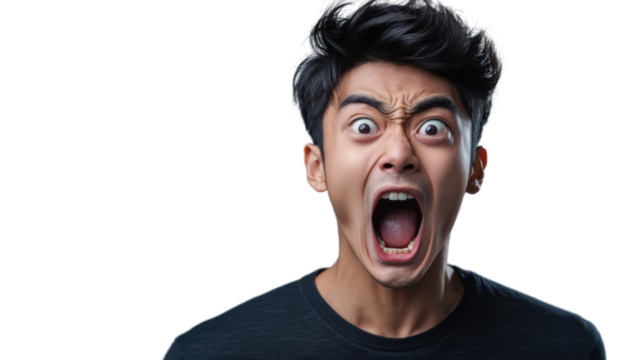 Young man shouting with transparent background: fury and emotion expressed