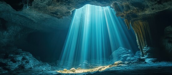 Sunbeams Illuminate Underwater Cave, Cenote