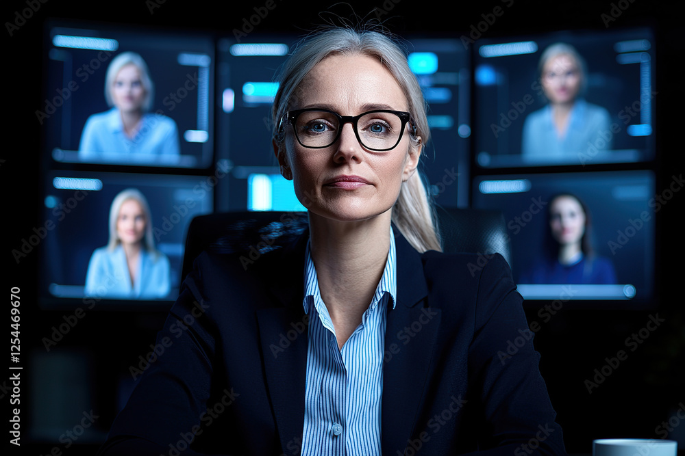 Aufkleber confident businesswoman in virtual meeting with multiple screens displaying colleagues. setting is m