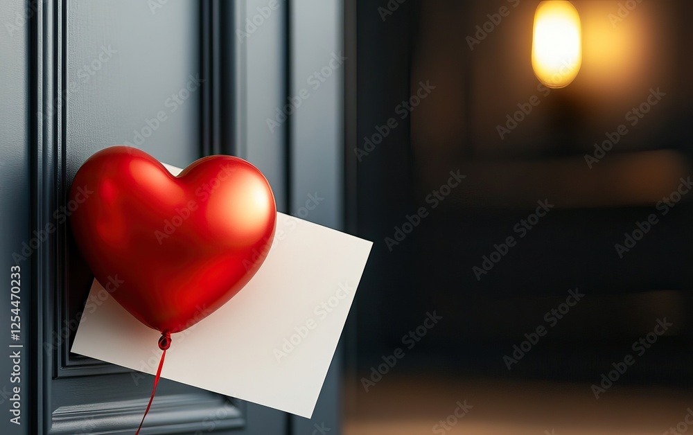 Poster a red heart balloon and an envelope are attached to a door, creating a romantic and inviting atmosph