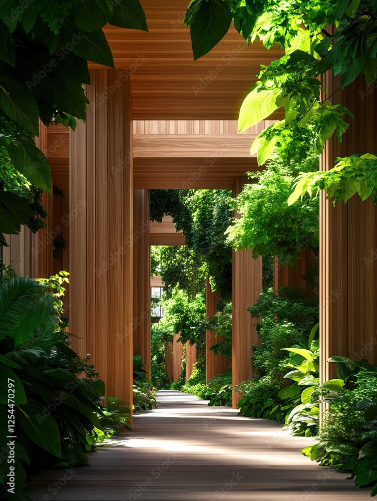 Poster a serene pathway lined with lush greenery and wooden columns, creating a tranquil and natural ambian