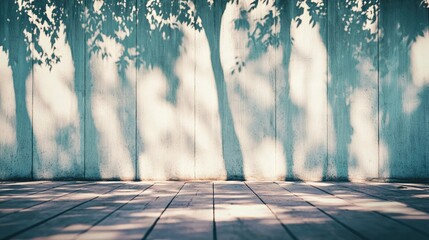 Serene outdoor space with wooden floor and soft tree shadows on a textured wall backdrop