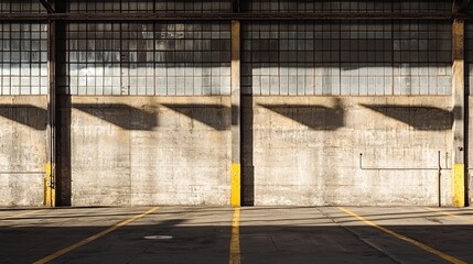 Industrial warehouse interior with large windows casting shadows on concrete floor