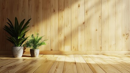 Bright wooden interior with potted plants casting shadows, creating a serene atmosphere