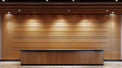 Modern wooden reception area with sleek counter and warm lighting, ideal for hospitality use