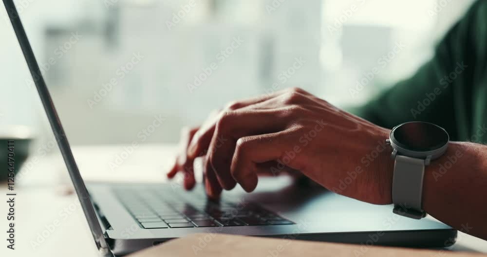 Poster Hands, person and typing on laptop in office of website research, communication and planning schedule. Worker, digital app and networking for email feedback, proposal report and administration update