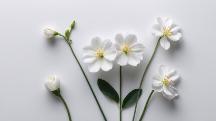 Fresh White Small Flowers with Stems Neatly Spread on a Pristine White Surface for a Simple and Subtle Look Floral Botanical Wallpaper Background