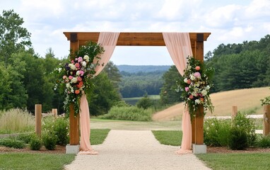 A rustic wooden arch adorned with delicate floral arrangements and soft drapes, set against a serene landscape, perfect for an outdoor wedding.