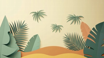 Tropical Paper-Cut Illustration with Palms and Leaves for Summer Designs and Creative Projects in Vibrant Colors and Stylish Aesthetic