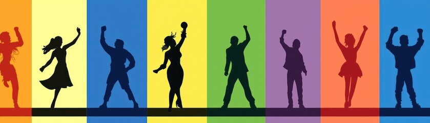 Diverse people celebrating, colorful background, joyful event