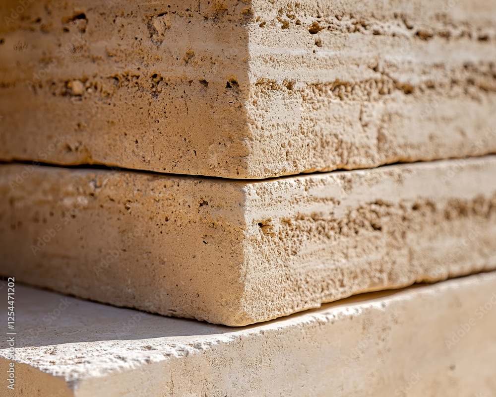 Poster close-up of stacked beige building blocks showing textured surfaces and natural colors, suitable for