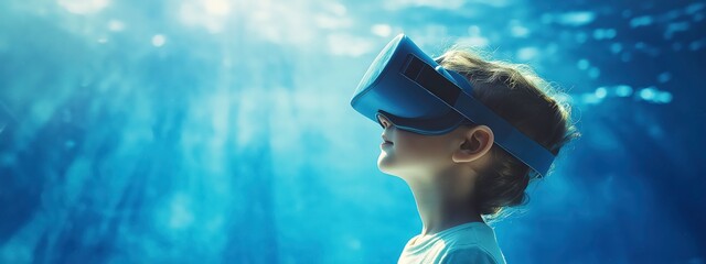 Virtual Ocean Explorer: A young child wearing a VR headset is immersed in an underwater world, experiencing the wonders of the ocean in a captivating virtual reality adventure.