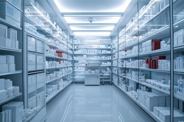 Modern pharmacy interior, shelves stocked with medicine, bright lighting, healthcare background, inventory management