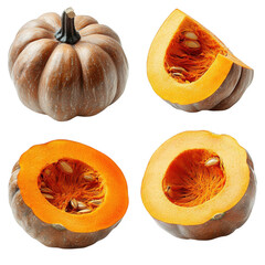 Fresh Pumpkin Harvest: Whole and Sliced Organic Pumpkins Isolated on White Background for Culinary Ideas and Seasonal Decor - PNG