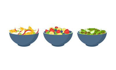 Flat vector set of vegetables and fruit salads. Consuming dishes from fresh products