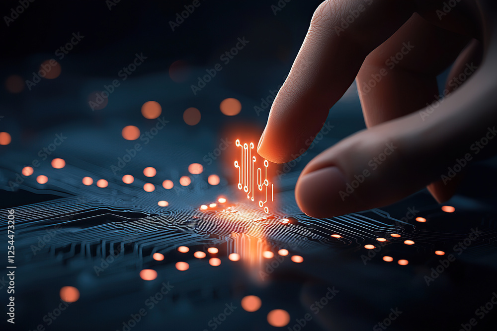 Poster hand interacts with glowing digital circuit, symbolizing innovation in technology and data infrastru