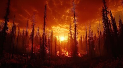 Forest fire sunset, smoky sky,  danger, environmental disaster
