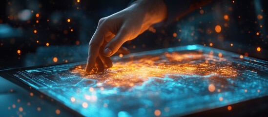 Hand interacts with glowing digital map, bokeh background; futuristic tech