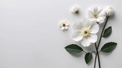 Pure White Small Flowers with Stems Beautifully Arranged on a Smooth White Surface for a Peaceful Natural Vibe Floral Botanical Wallpaper Background