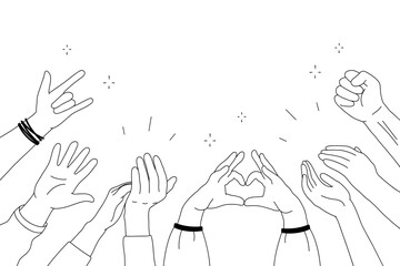 Applause hands set in doodle style. Human hands sketch, with arms raised in gestures like clapping and making heart shapes, on a white background. Vector illustration for celebratory themes