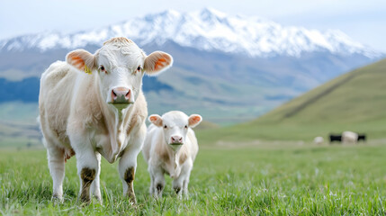 Fototapeta premium Cow and Calf in Mountain Pasture