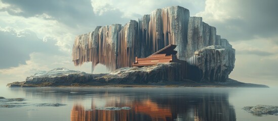 Piano on surreal rock island, misty sea background, album art