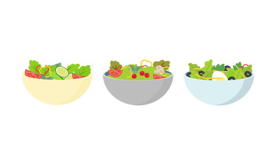 Flat vector set of vegetables and fruit salads. Consuming dishes from fresh products