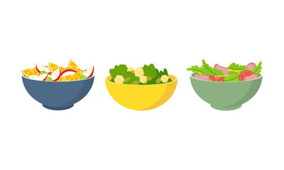 Flat vector set of vegetables and fruit salads. Consuming dishes from fresh products