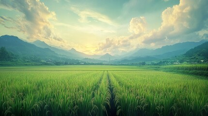 Obraz premium Serene Rice Paddies Underneath Majestic Mountains at Sunset