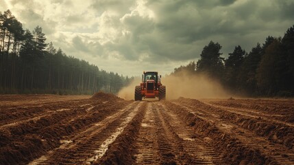 Fototapeta premium Tractor plowing field, forest background, agriculture, stormy sky