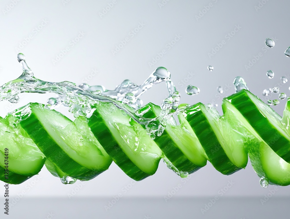 Poster fresh cucumber slices splash through water, creating a dynamic and refreshing visual effect.