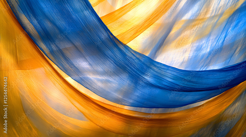 Poster abstract painting featuring blue and yellow wave patterns with tulip elements in a modern art style