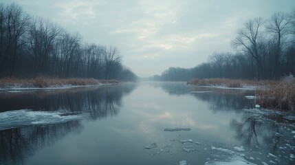 Fototapeta premium Calm winter river reflecting trees, ice floes, misty sky, tranquil nature scene