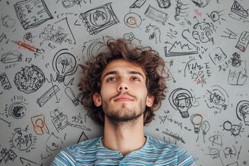 Young man brainstorming ideas, floor, sketches, inspiration