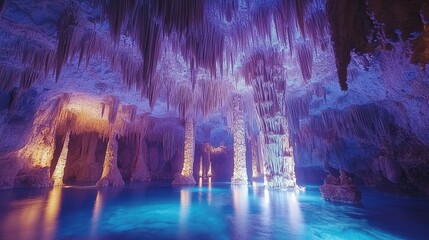 Obraz premium Stunning underground cave with illuminated stalactites and stalagmites reflecting in blue water