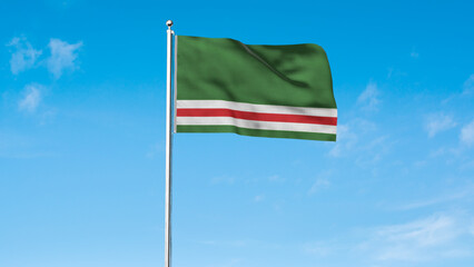 High detailed flag of Chechen Republic of Ichkeria. National Chechen Republic of Ichkeria flag. 3D illustration. Sky Background.